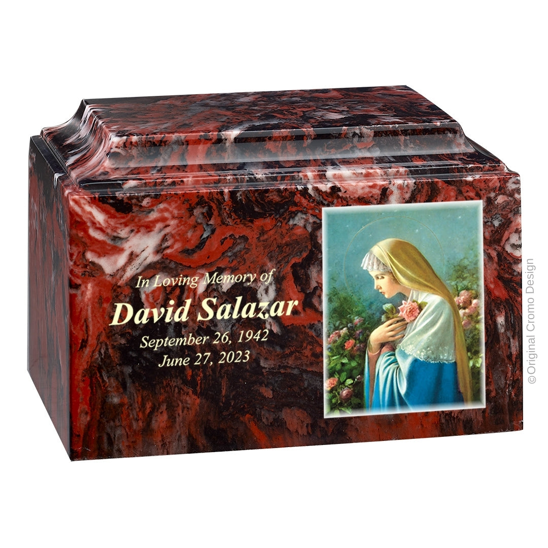 Catholic cremation urn with Mystical Rose  Wood finish by Cromo NB