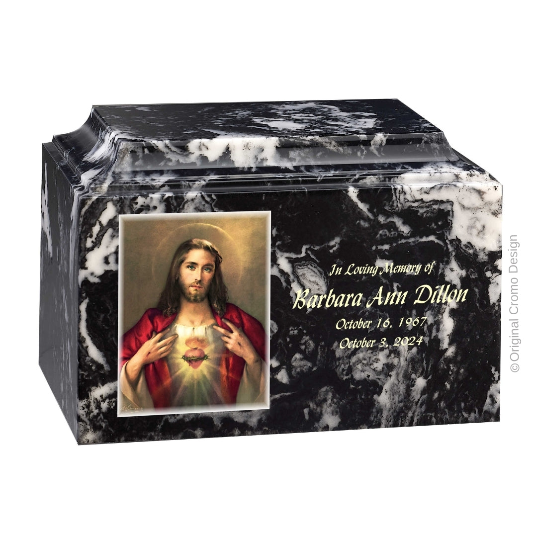 Catholic cremation urn with Sacred Heart of Jesus  Wood finish by Cromo NB