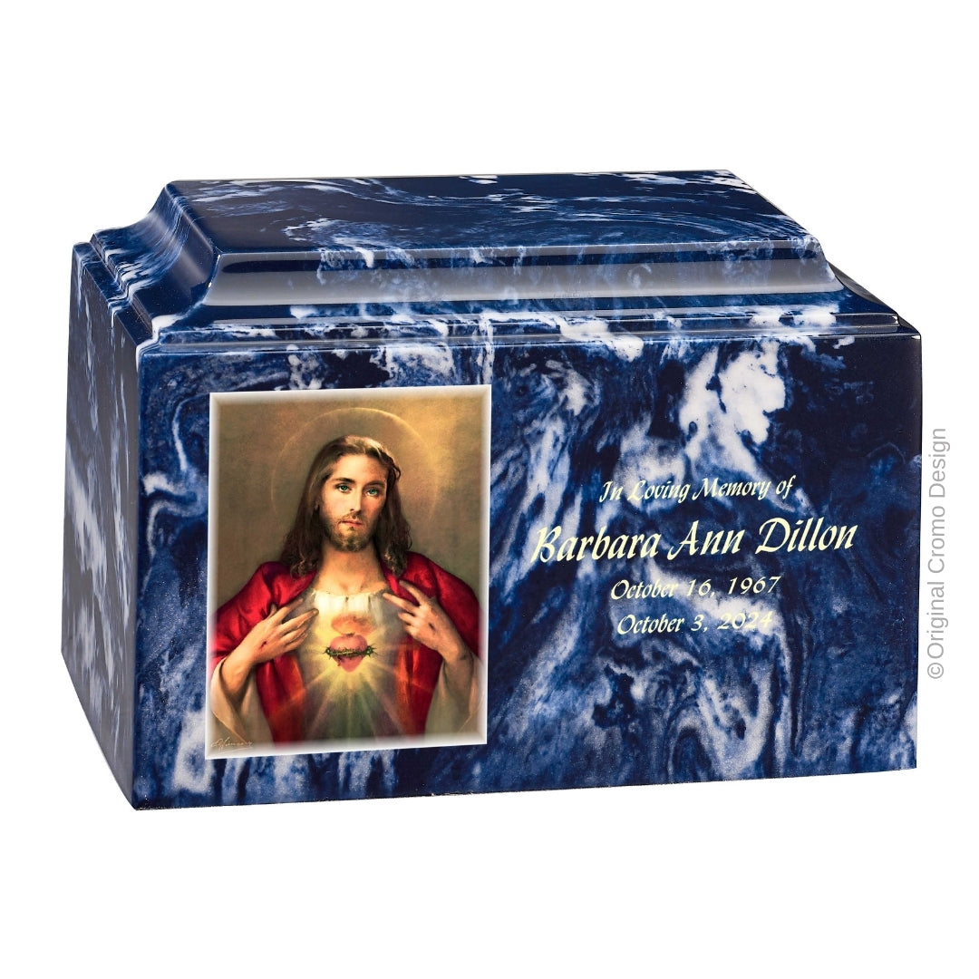 Catholic cremation urn with Mystical Rose  Wood finish by Cromo NB