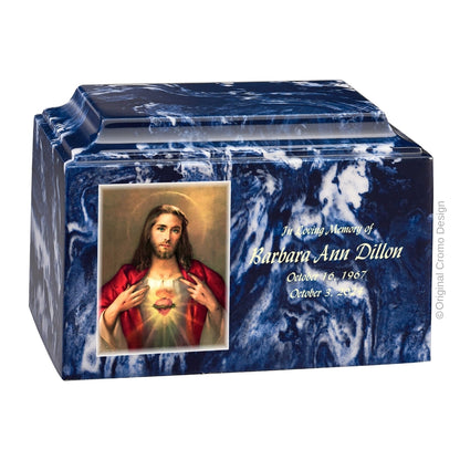 Catholic cremation urn with Mystical Rose  Wood finish by Cromo NB