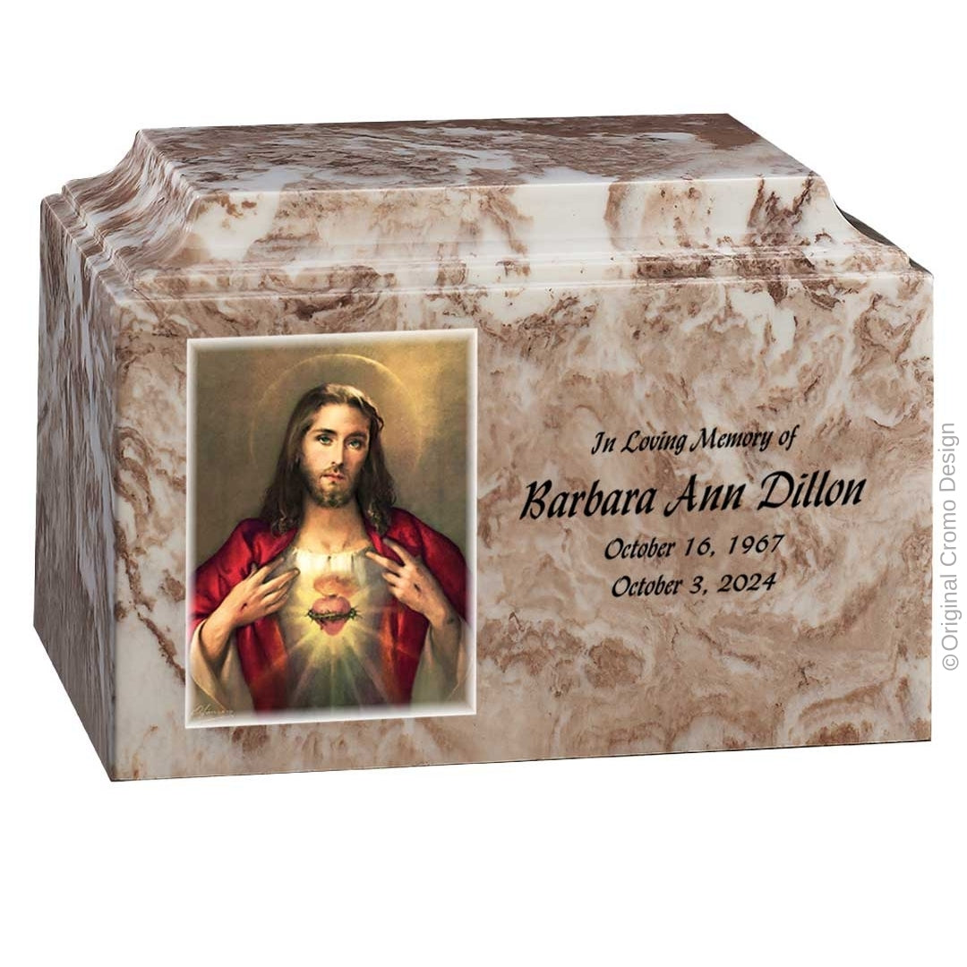 Catholic cremation urn with Sacred Heart of Jesus  Wood finish by Cromo NB
