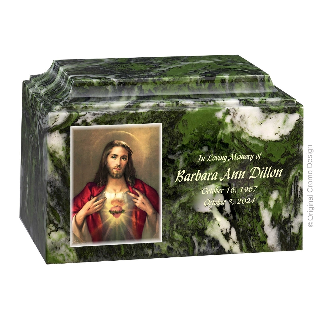Catholic cremation urn with Sacred Heart of Jesus  Wood finish by Cromo NB