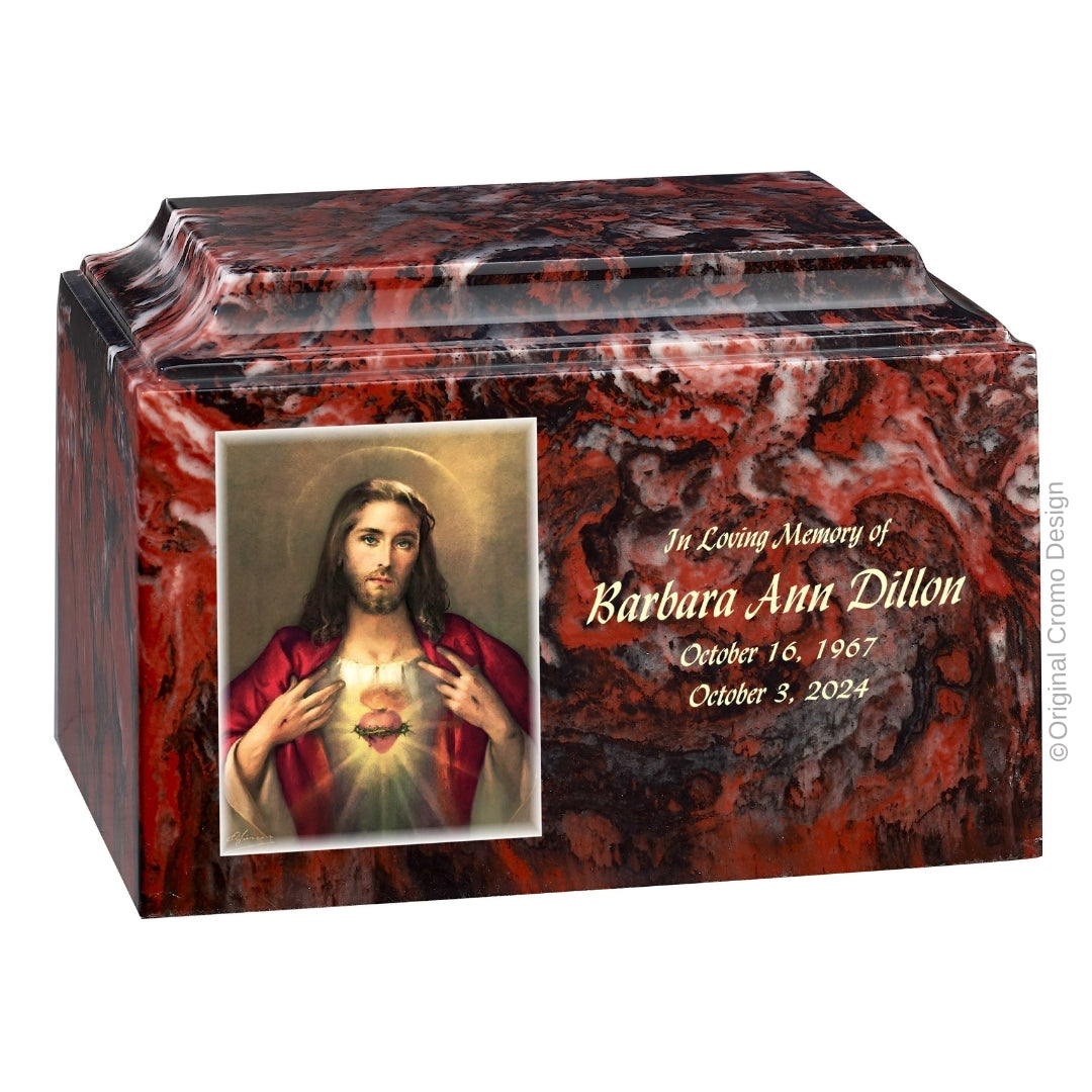 Catholic cremation urn with Sacred Heart of Jesus  Wood finish by Cromo NB