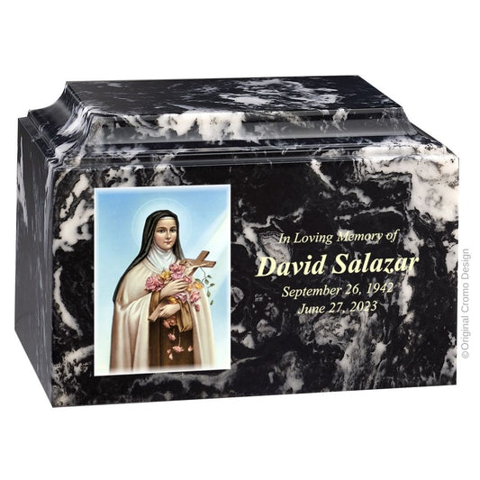 Catholic cremation urn with Saint Therese  Wood finish by Cromo NB