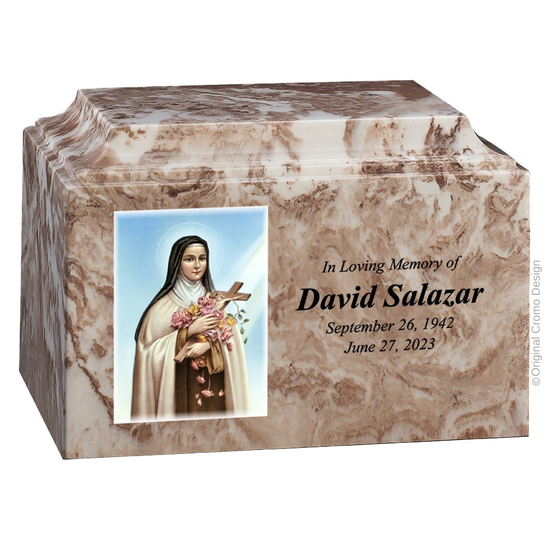 Catholic cremation urn with Saint Therese  Wood finish by Cromo NB