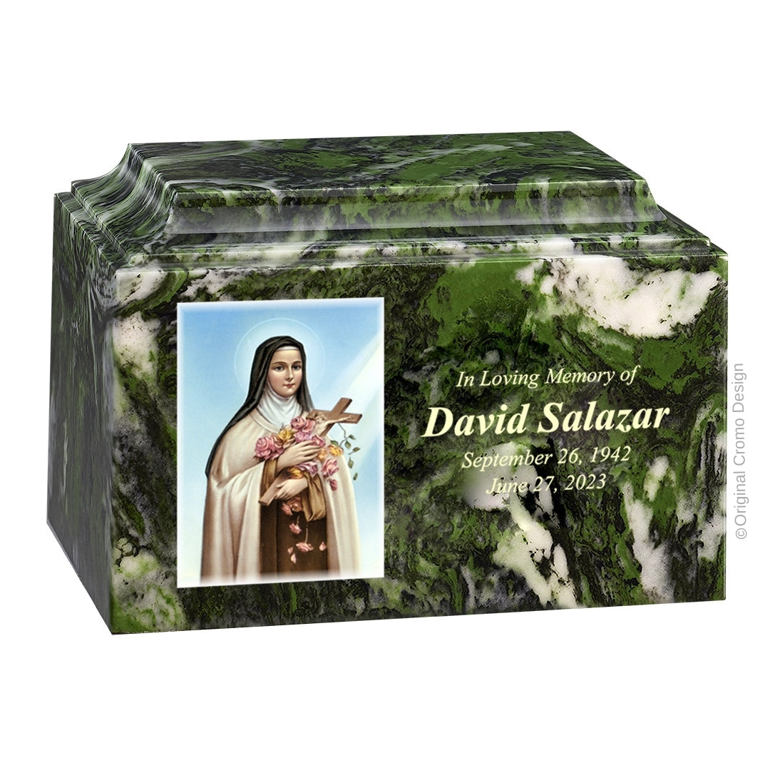 Catholic cremation urn with Saint Therese  Wood finish by Cromo NB