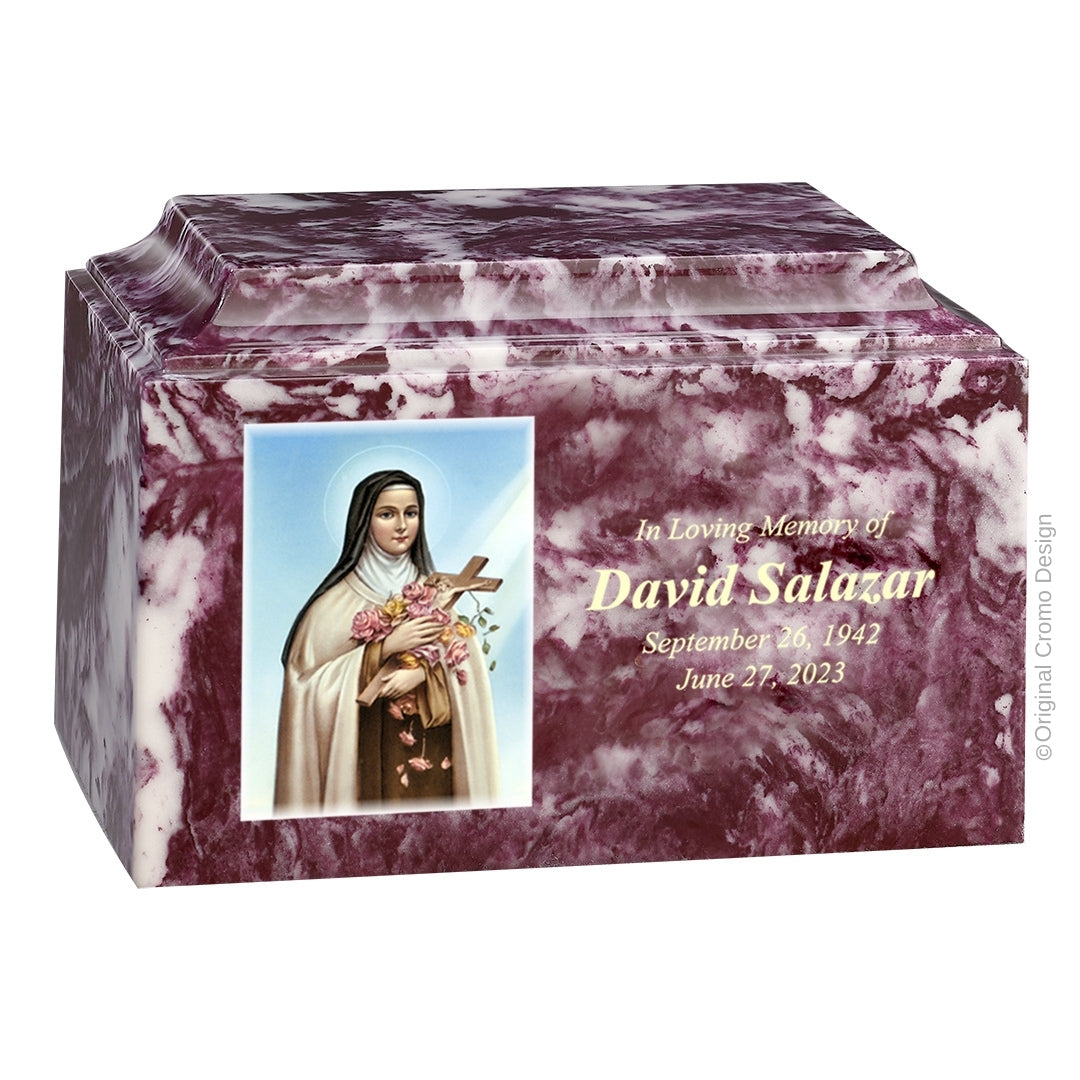 Catholic cremation urn with Saint Therese  Wood finish by Cromo NB