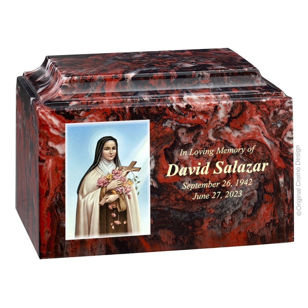 Catholic cremation urn with Saint Therese  Wood finish by Cromo NB