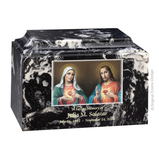 Catholic cremation urn with Twin Hearts  Wood finish by Cromo NB