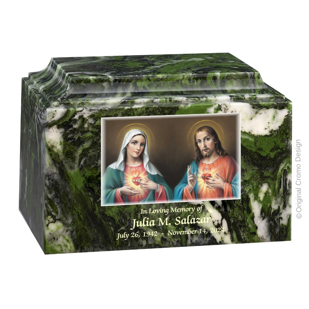 Catholic cremation urn with Twin Hearts  Wood finish by Cromo NB