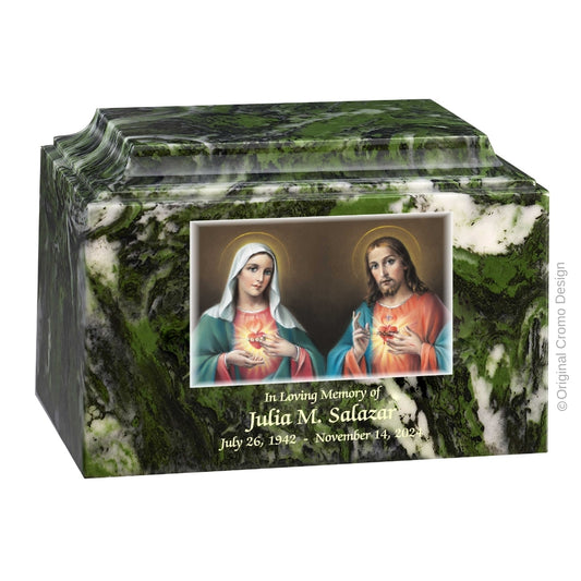 Catholic cremation urn with Twin Hearts  Wood finish by Cromo NB