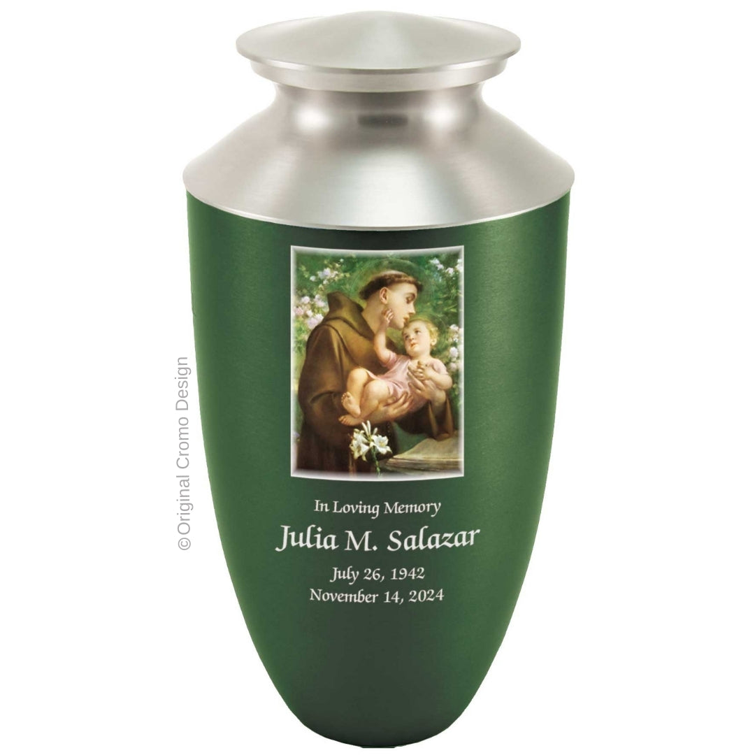 Catholic cremation urn with Saint Anthony  Green finish by Cromo NB
