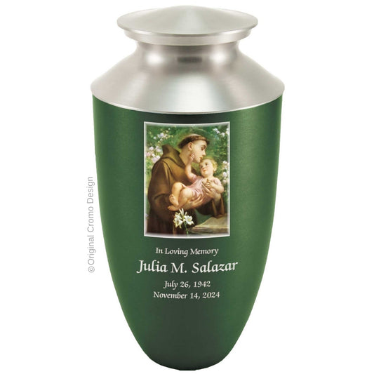 Catholic cremation urn with Saint Anthony  Green finish by Cromo NB