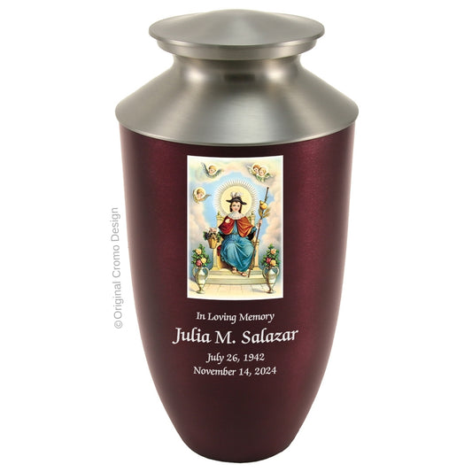 Catholic cremation urn with Child of Atocha  Wood finish by Cromo NB