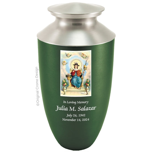 Catholic cremation urn with Child of Atocha  Wood finish by Cromo NB
