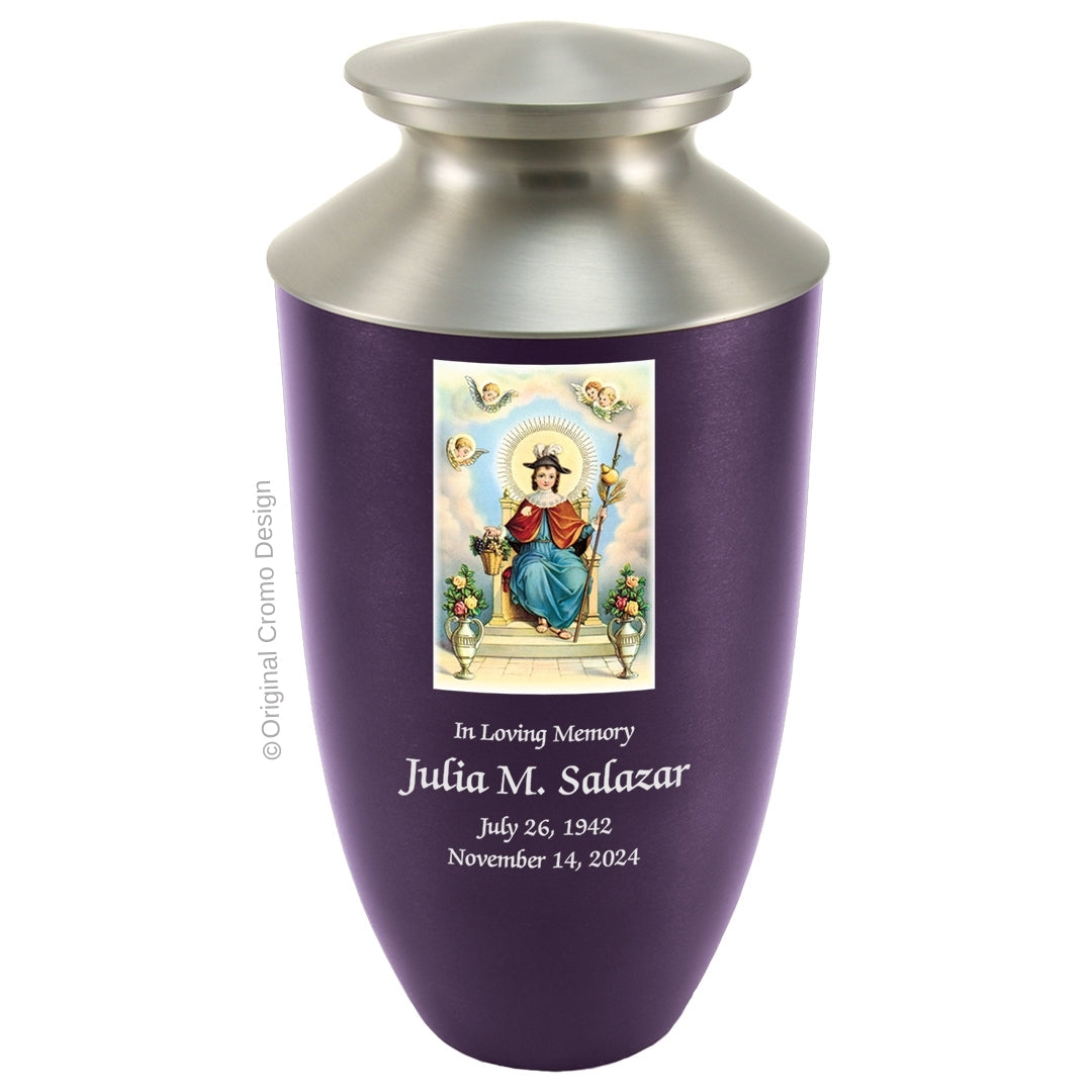 Catholic cremation urn with Child of Atocha  Wood finish by Cromo NB