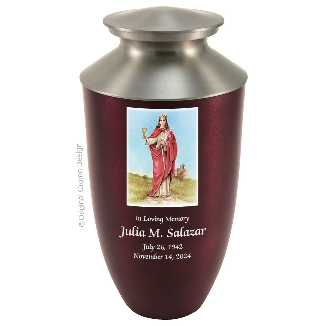 Catholic cremation urn with Our Lady of Santa Barbara  Wood finish by Cromo NB