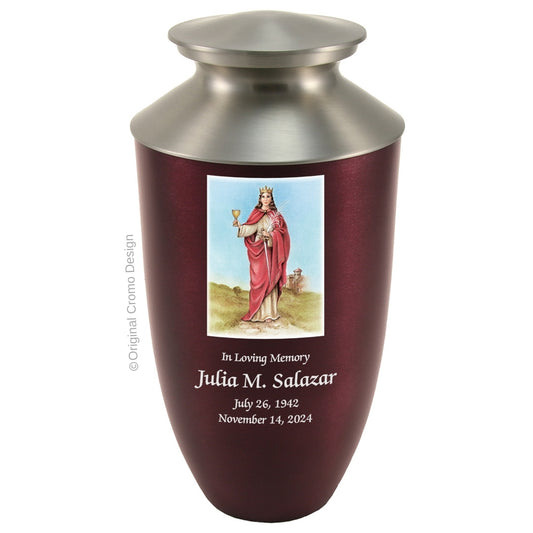 Catholic cremation urn with Our Lady of Santa Barbara  Wood finish by Cromo NB