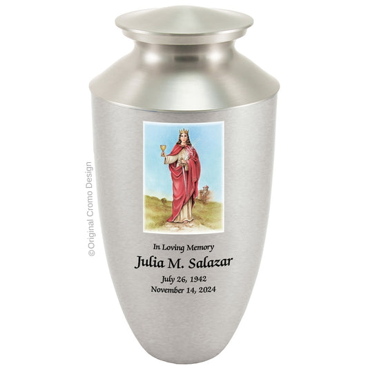 Catholic cremation urn with Child of Atocha  Wood finish by Cromo NB