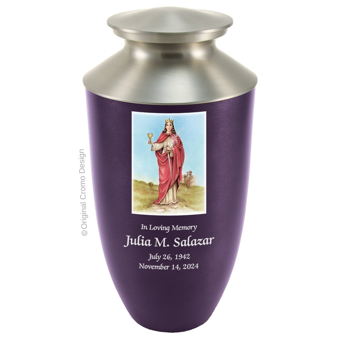 Catholic cremation urn with Our Lady of Santa Barbara  Wood finish by Cromo NB