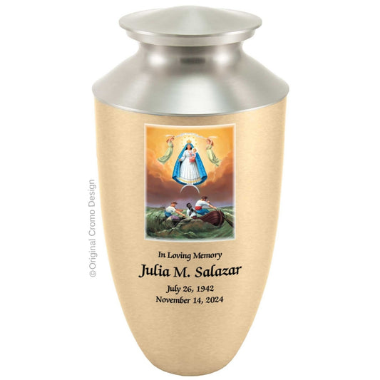 Catholic cremation urn with Our Lady of Charity  Wood finish by Cromo NB