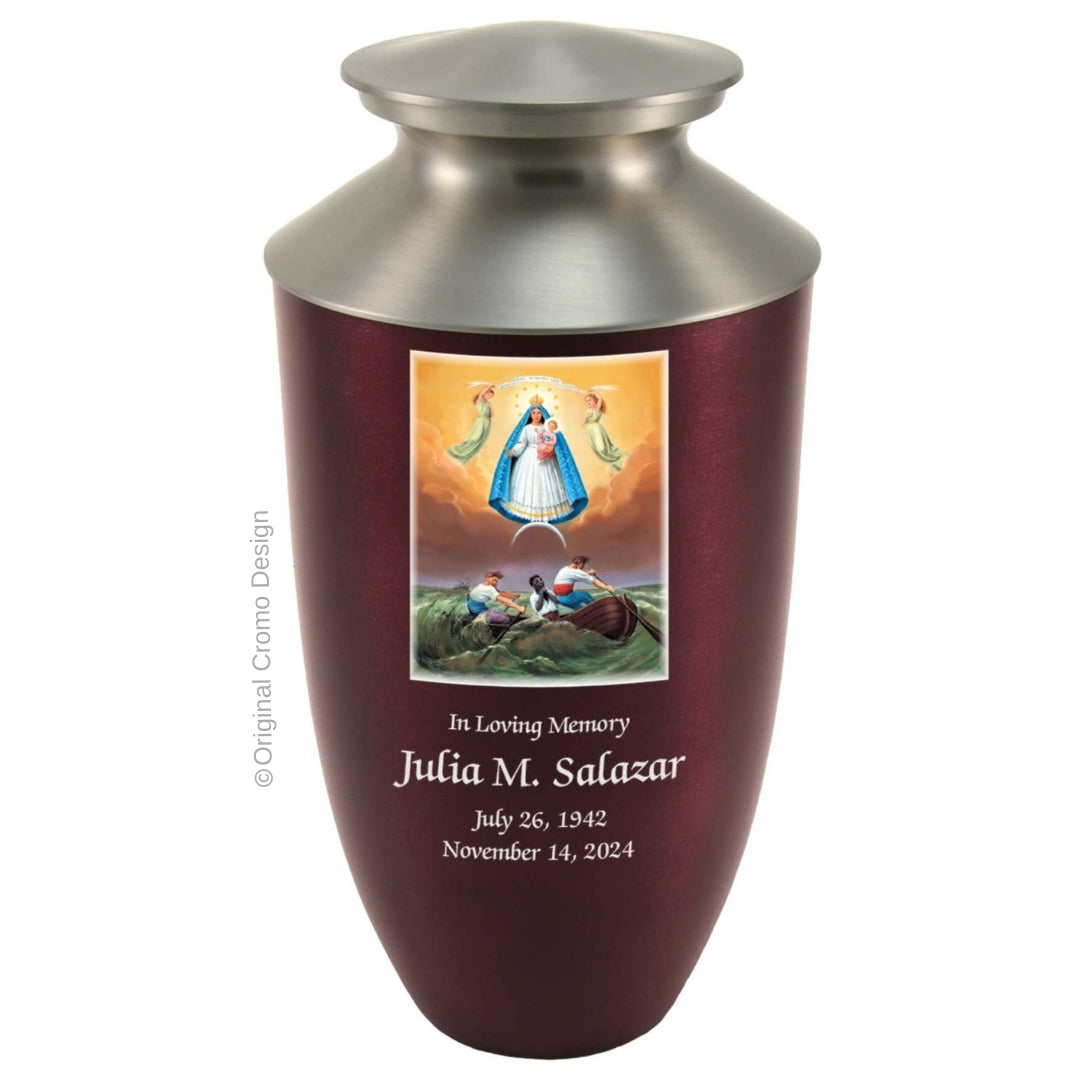 Catholic cremation urn with Our Lady of Charity  Wood finish by Cromo NB