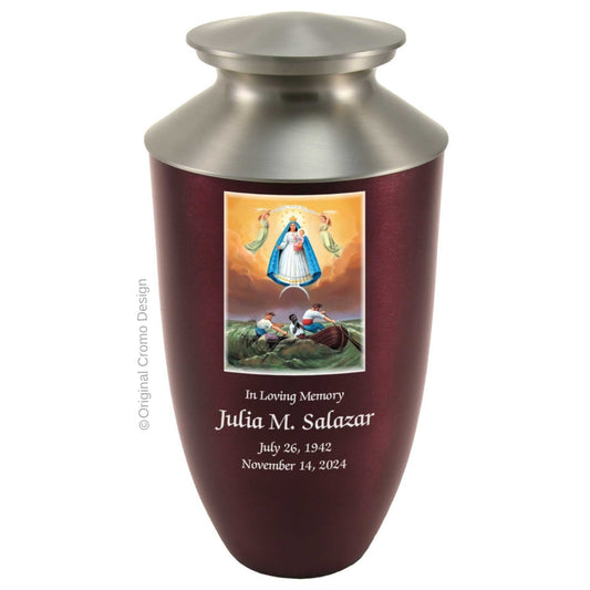 Catholic cremation urn with Our Lady of Charity  Wood finish by Cromo NB