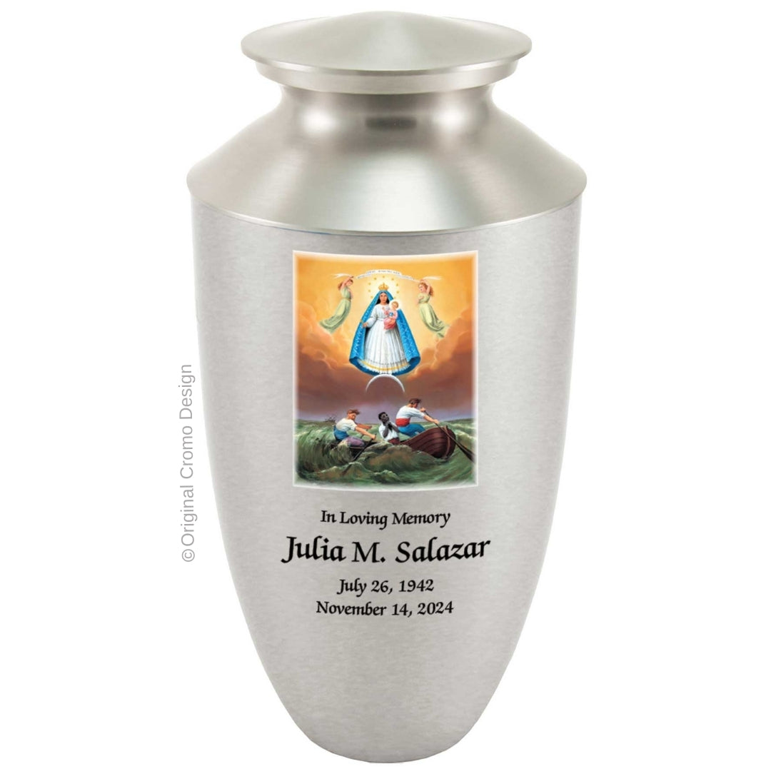 Catholic cremation urn with Our Lady of Santa Barbara  Wood finish by Cromo NB