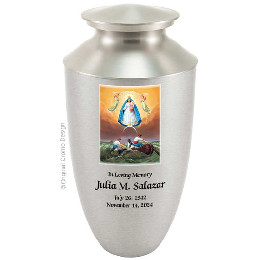 Catholic cremation urn with Our Lady of Santa Barbara  Wood finish by Cromo NB