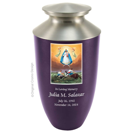Catholic cremation urn with Our Lady of Charity  Wood finish by Cromo NB