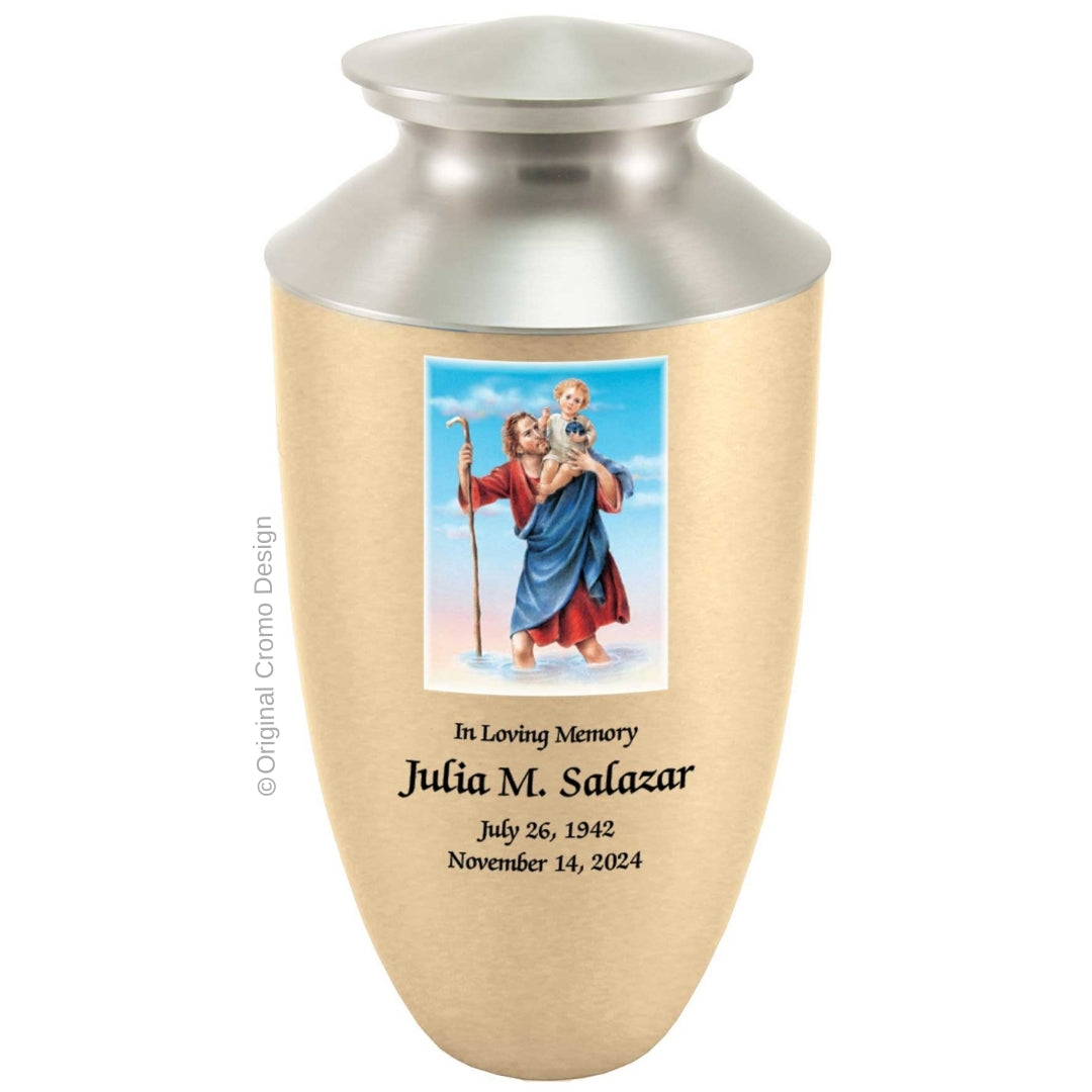 Catholic cremation urn with Saint Christopher  Wood finish by Cromo NB