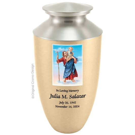Catholic cremation urn with Saint Christopher  Wood finish by Cromo NB