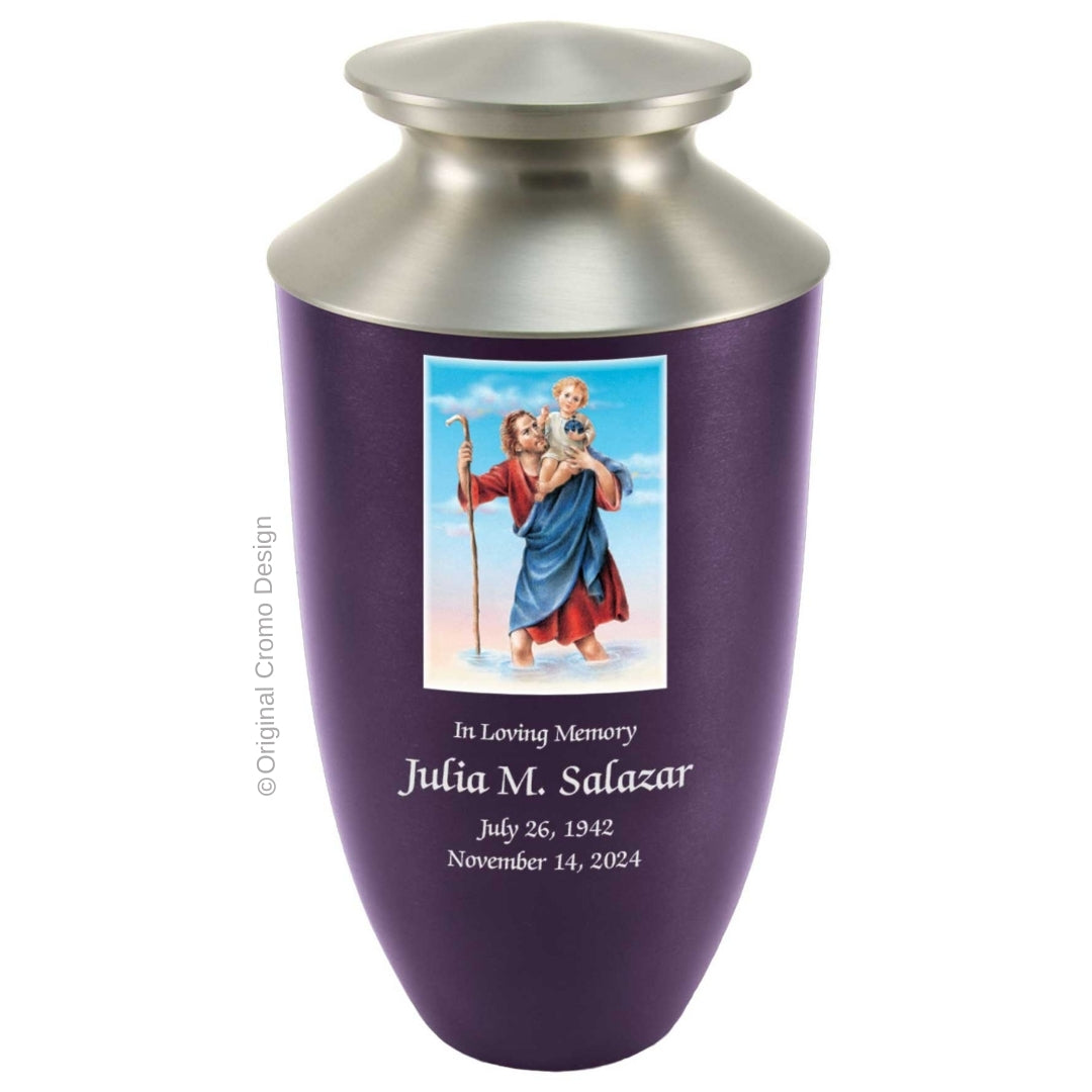 Catholic cremation urn with Saint Christopher  Wood finish by Cromo NB