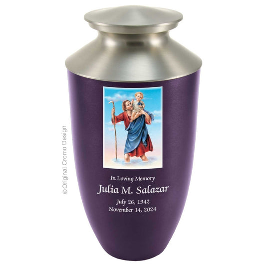 Catholic cremation urn with Saint Christopher  Wood finish by Cromo NB
