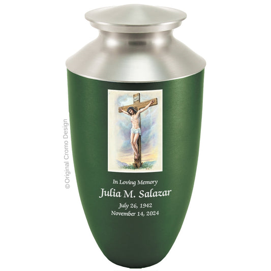 Catholic cremation urn with Crucifixion  Wood finish by Cromo NB