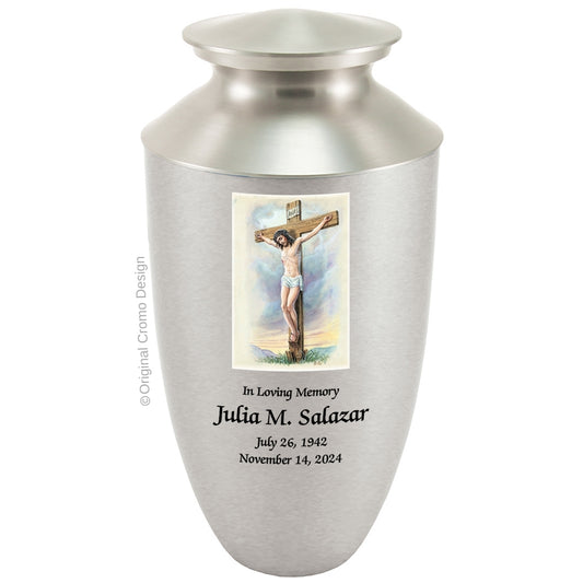 Catholic cremation urn with Saint Christopher  Wood finish by Cromo NB