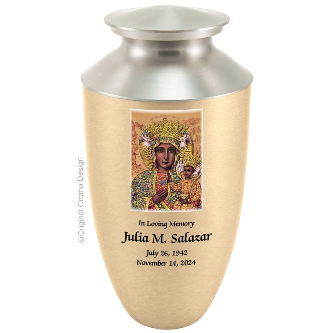 Catholic cremation urn with Our Lady of Czetechowa  Wood finish by Cromo NB