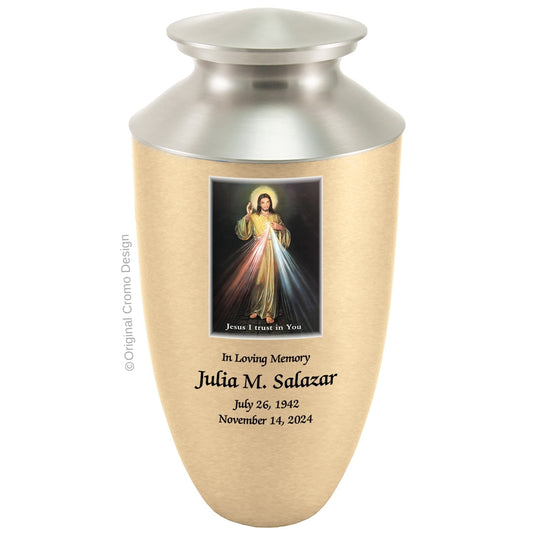 Catholic cremation urn with Divine Mercy English  Wood finish by Cromo NB