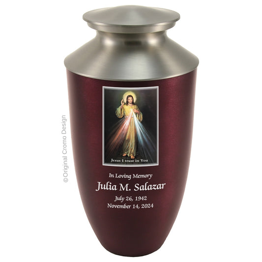 Catholic cremation urn with Divine Mercy English  Wood finish by Cromo NB
