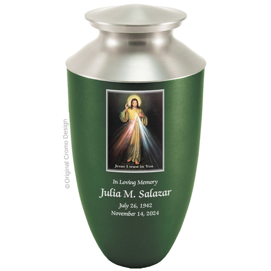 Catholic cremation urn with Divine Mercy English  Wood finish by Cromo NB