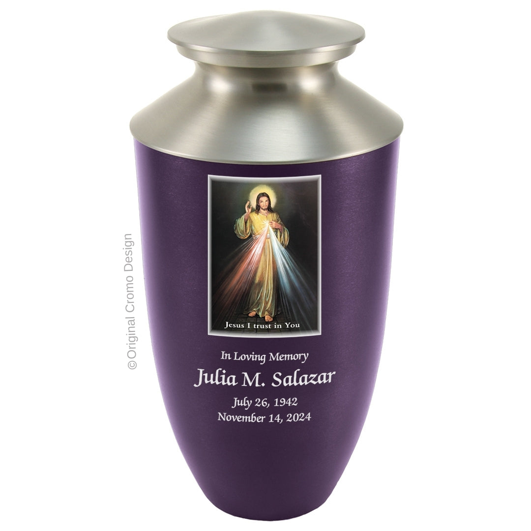 Catholic cremation urn with Divine Mercy English  Wood finish by Cromo NB