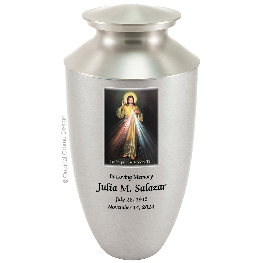 Catholic cremation urn with Divine Mercy English  Wood finish by Cromo NB