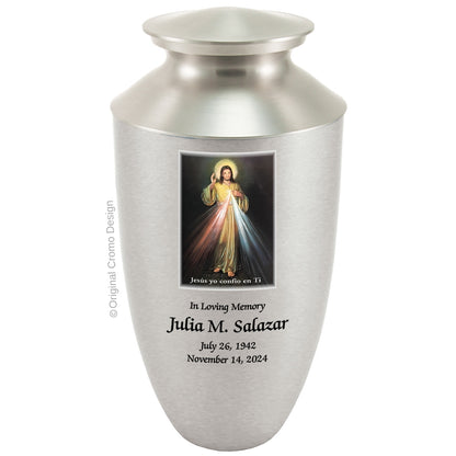 Catholic cremation urn with Divine Mercy English  Wood finish by Cromo NB