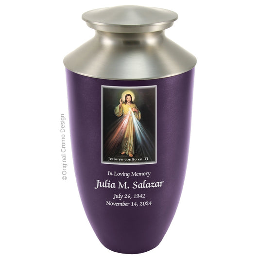 Catholic cremation urn with Divine Mercy Spanish  Wood finish by Cromo NB