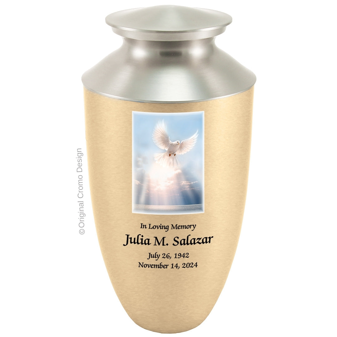 Catholic cremation urn with White Dove  Wood finish by Cromo NB