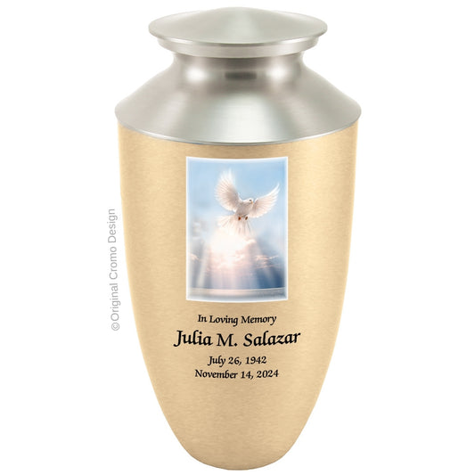 Catholic cremation urn with White Dove  Wood finish by Cromo NB