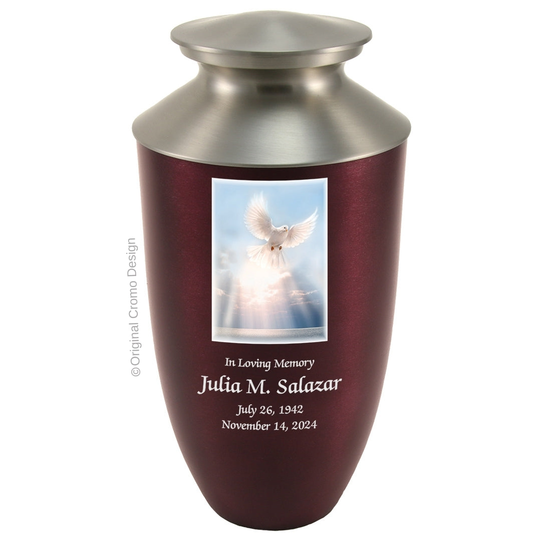 Catholic cremation urn with White Dove  Wood finish by Cromo NB