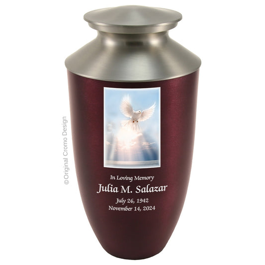Catholic cremation urn with White Dove  Wood finish by Cromo NB