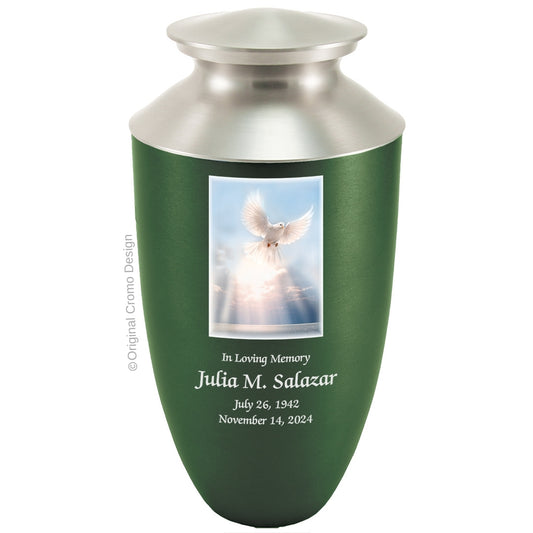 Catholic cremation urn with White Dove  Wood finish by Cromo NB