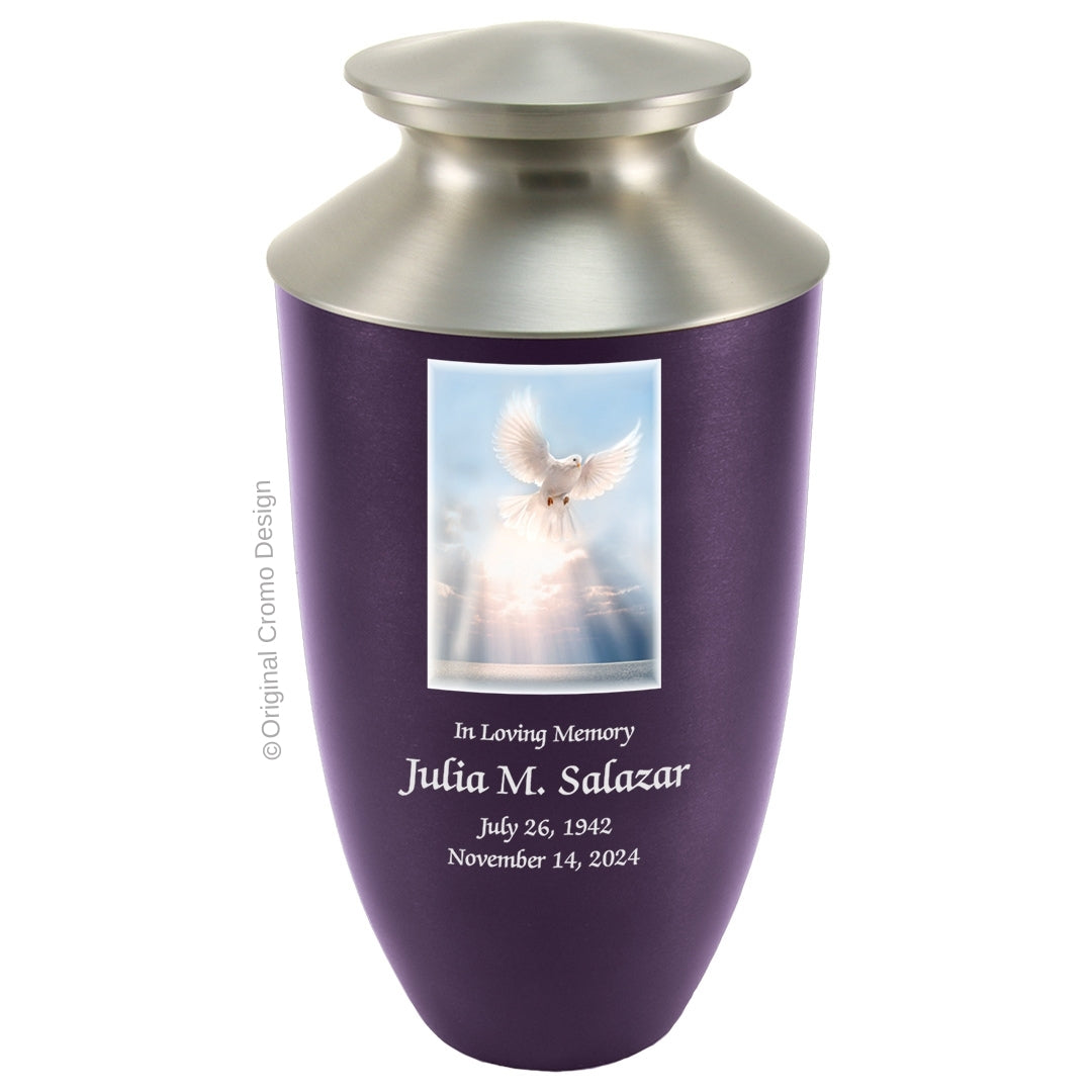 Catholic cremation urn with White Dove  Wood finish by Cromo NB